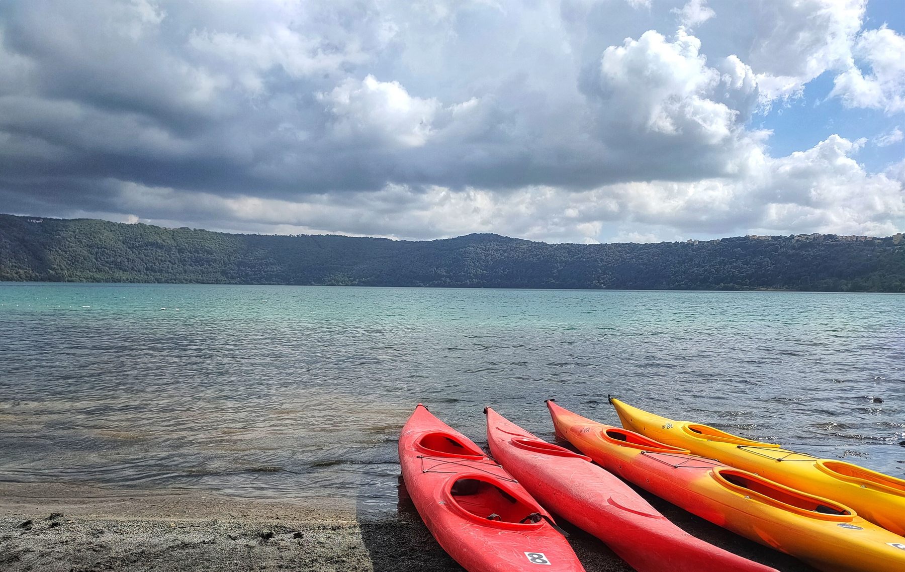 Red and yellow rental kayaks pulled up on the shore